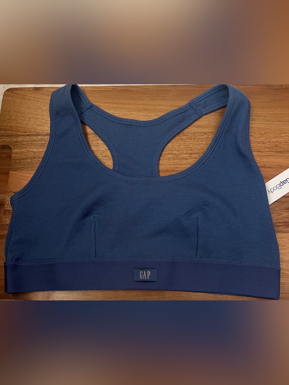 GAP GapBody Logo Women's Ribbed Logo Comfort Racerback Bralette, Blue colored - Picture 2 of 9
